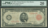 Fr.832b, 1914 $5 Boston FRN (RS), A1814407A, VF, PMG-20